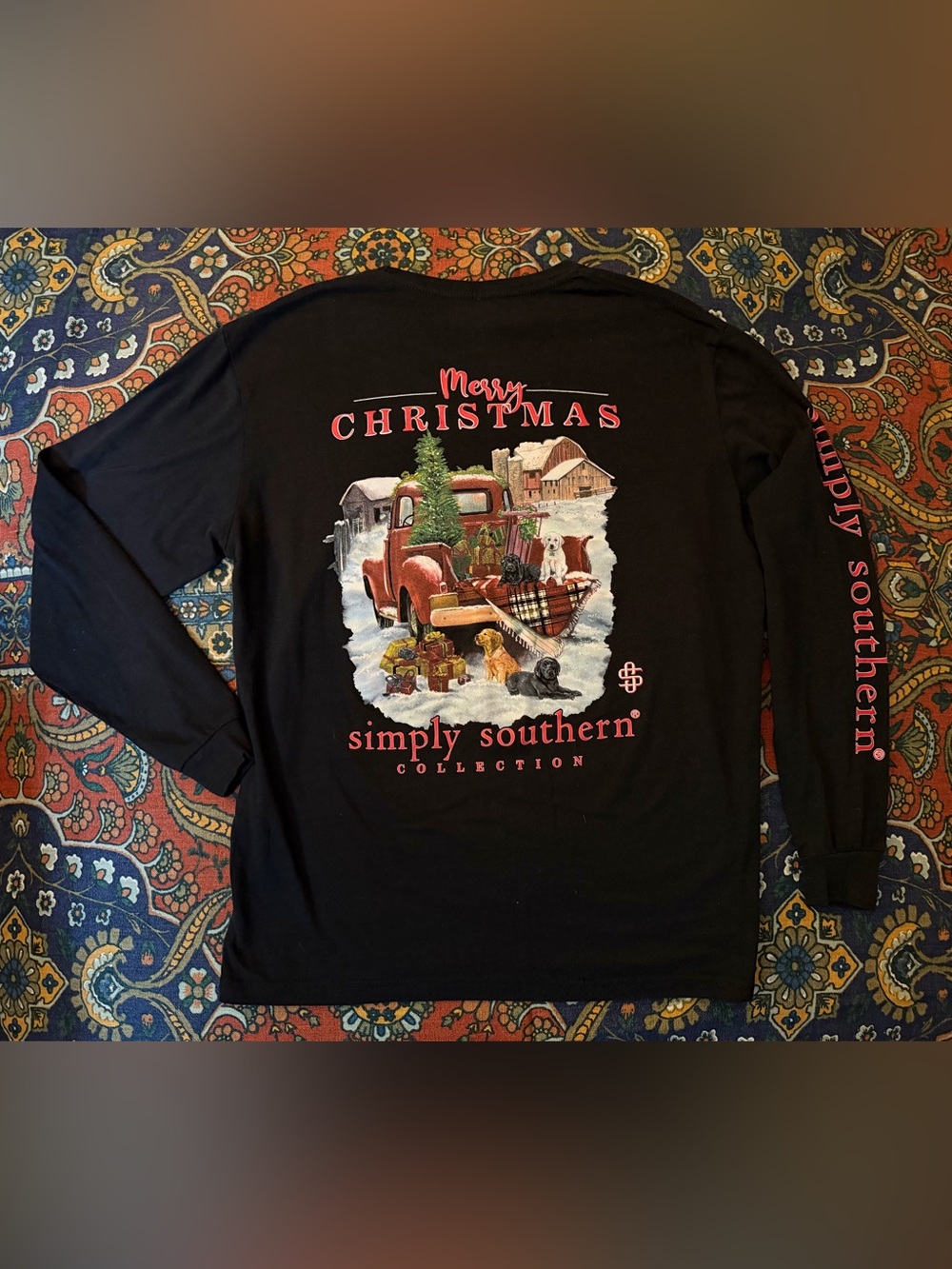 Simply Southern Black Long Sleeve Tee with Merry Christmas image dogs red pickup